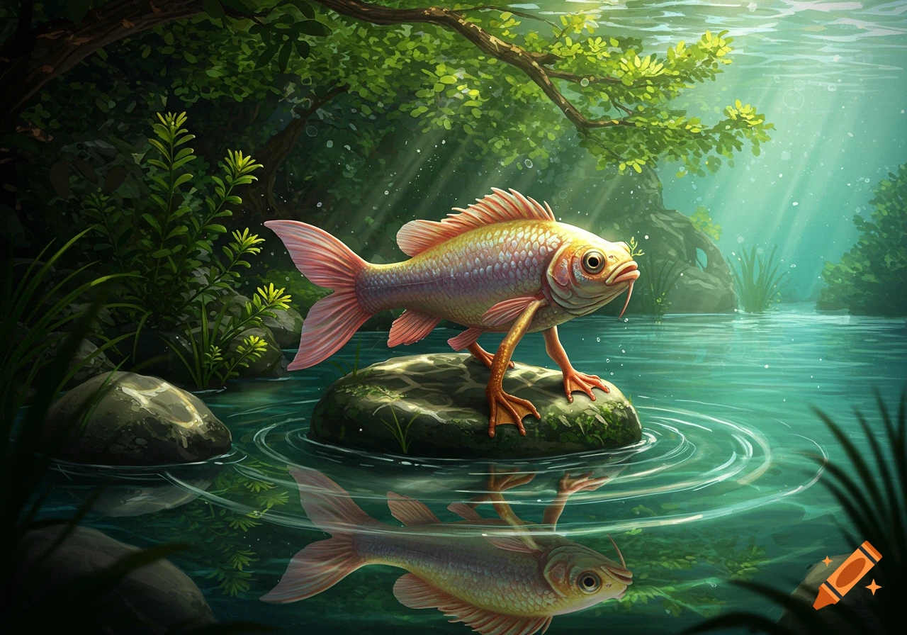 A fantastical fish with webbed feet stands on a mossy rock in a clear, sunlit river with lush green trees and plants.