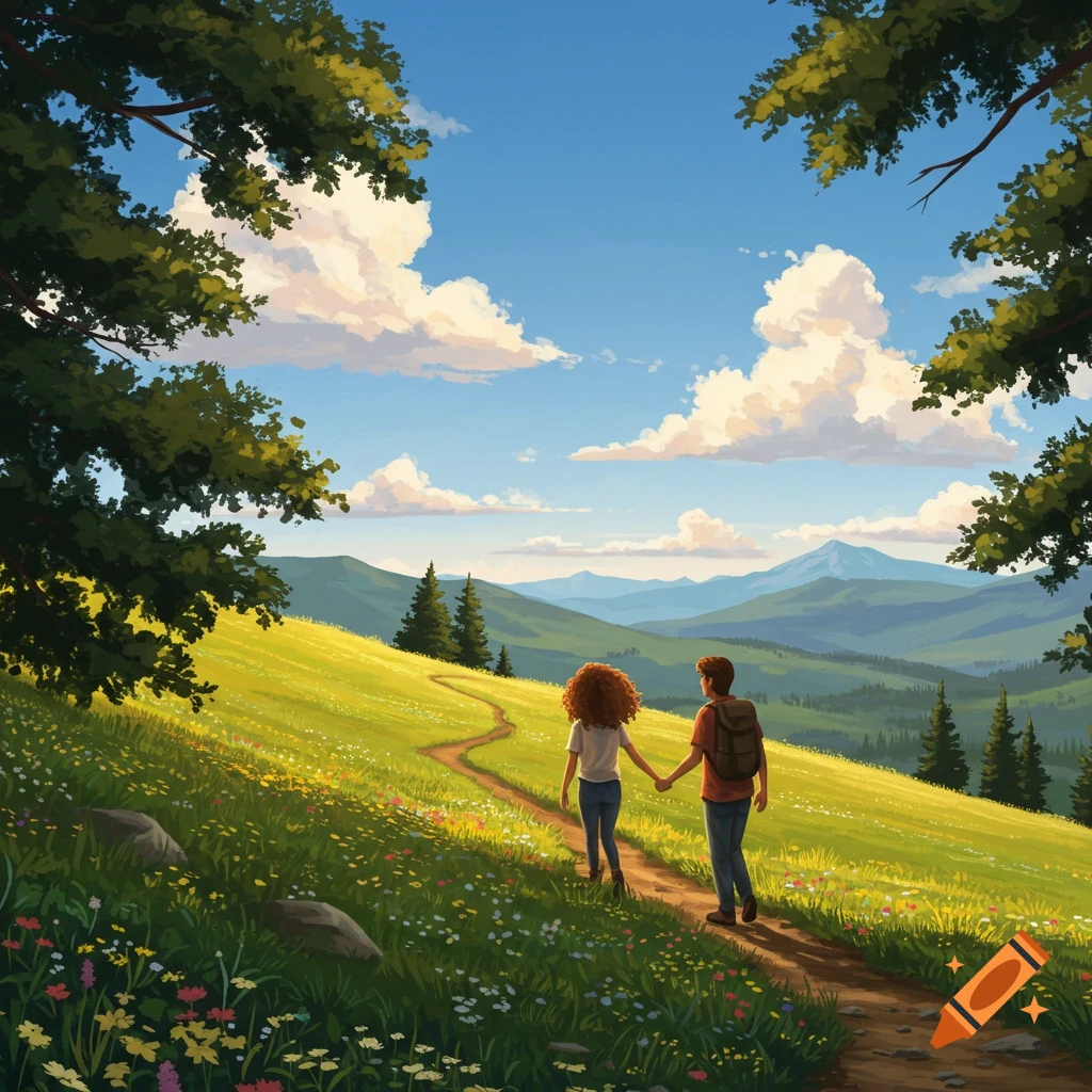 An illustrated view of a couple holding hands and walking on a winding path through a sunny green meadow with mountains in the background.