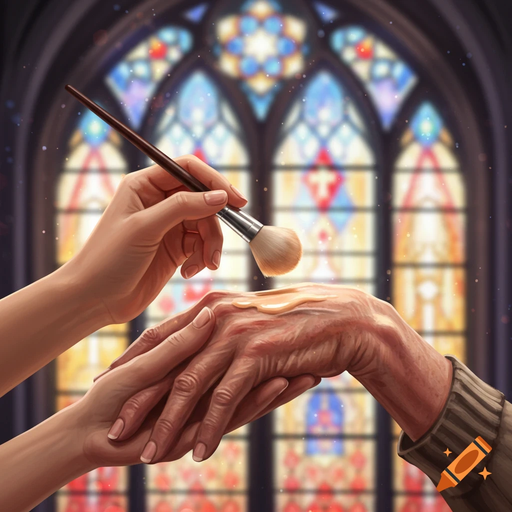 A younger hand uses a makeup brush to apply foundation to an elderly, wrinkled hand, against a blurred stained glass window in a fantasy art style.