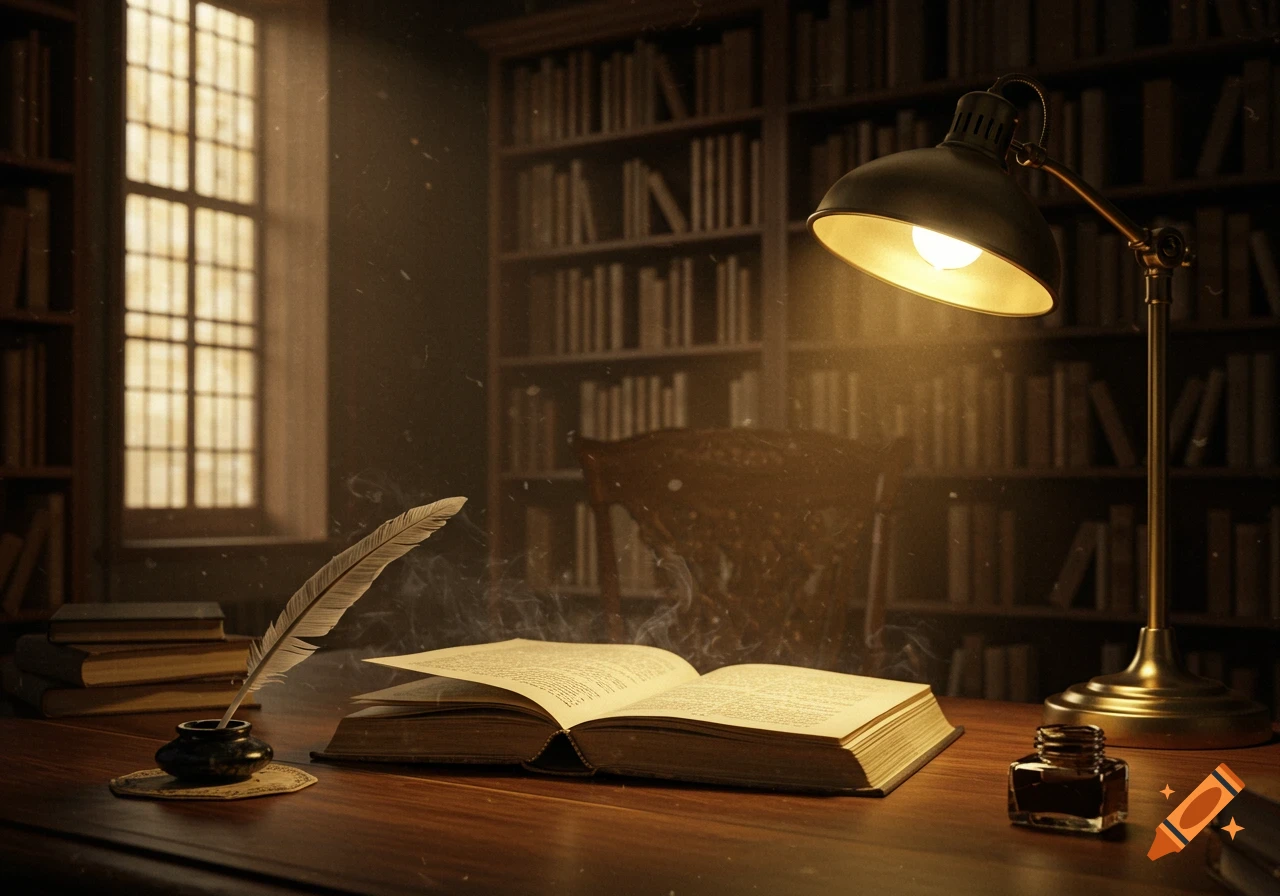 A vintage study desk with an open book, quill, inkwell, and lit lamp, bathed in warm light from a window and lamp, surrounded by bookshelves.