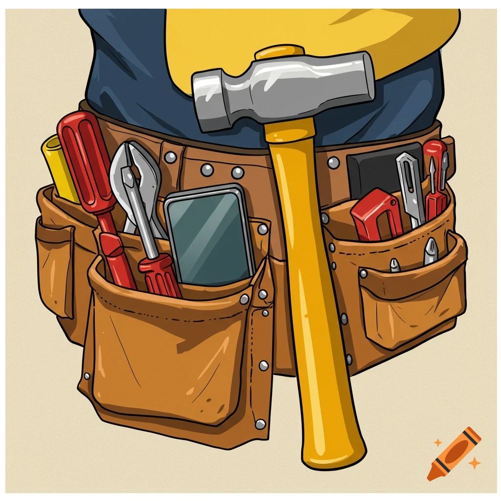 A cartoon tool belt filled with various tools, including a hammer, screwdrivers, pliers, and a cell phone.
