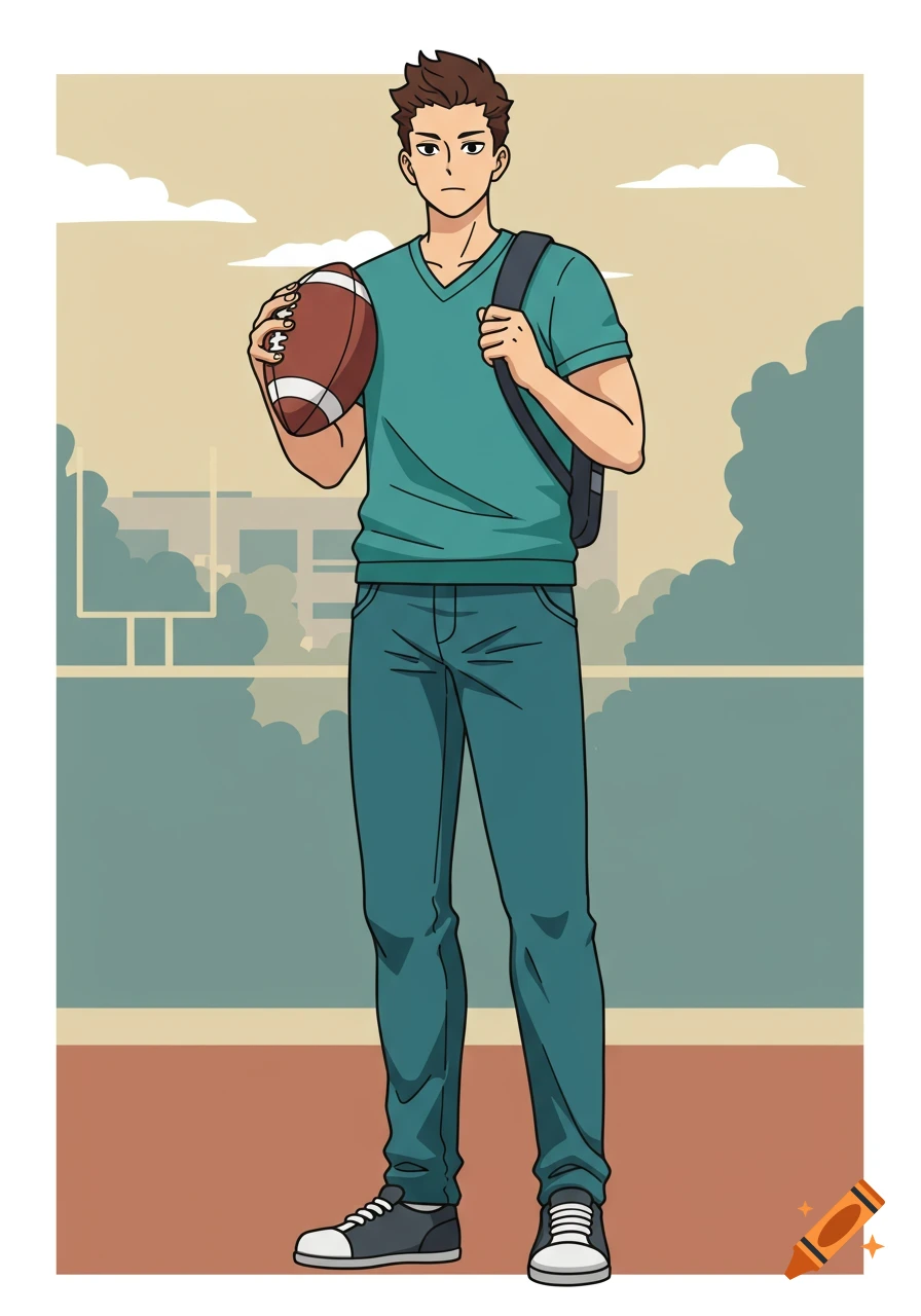 A tall male high school student with brown hair, wearing a teal shirt and jeans, holds a football and a backpack, in anime style.