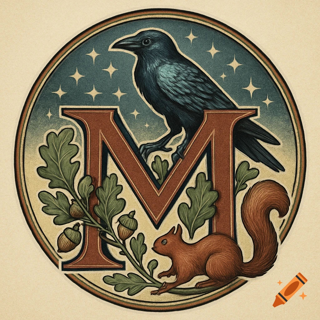 An illustrative emblem featuring a raven on top of a letter 'M', a squirrel at the bottom, oak leaves, acorns, and stars.