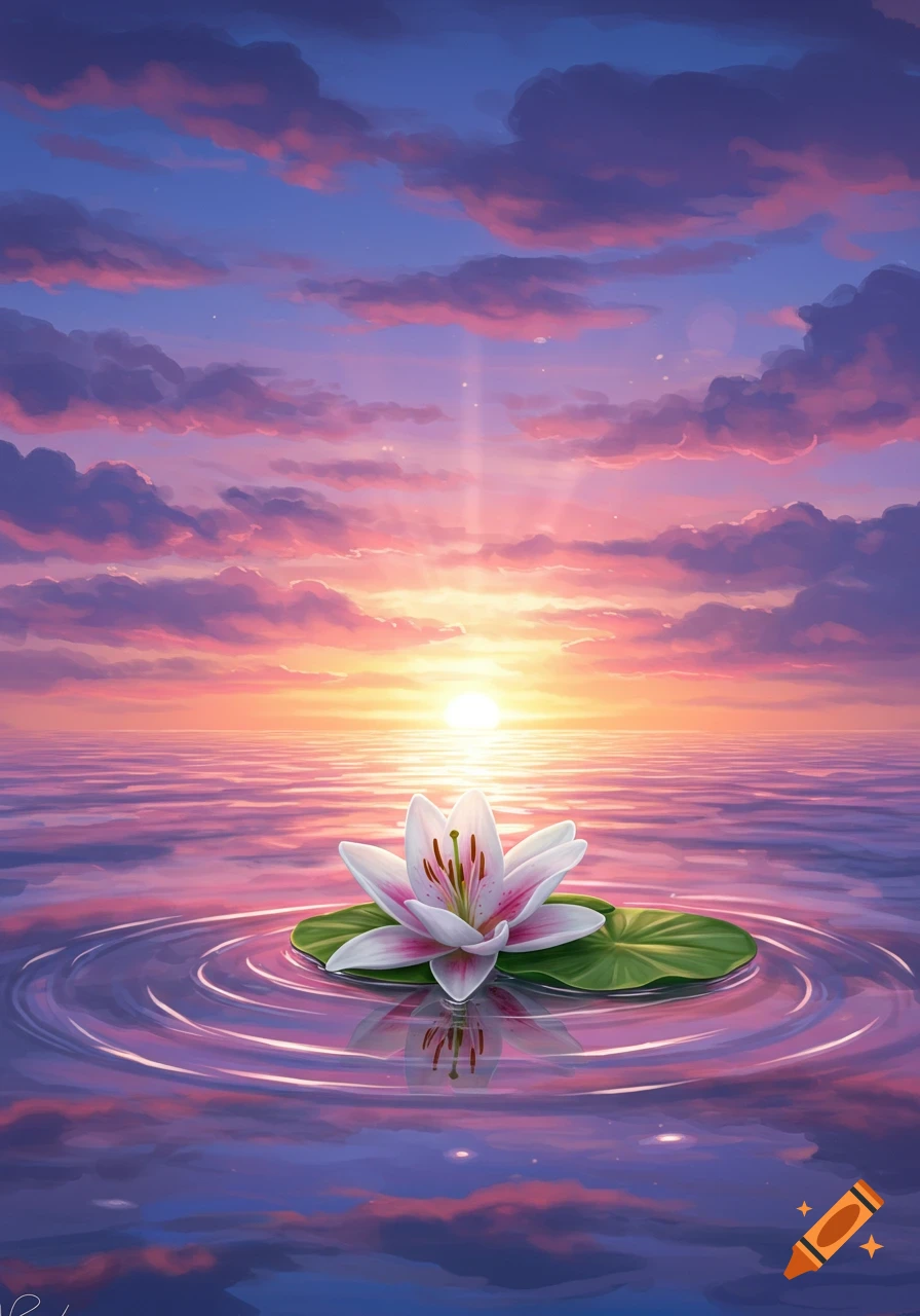 A vibrant digital painting of a white and pink lily floating on water, reflecting a colorful sunset sky with pink and purple clouds.