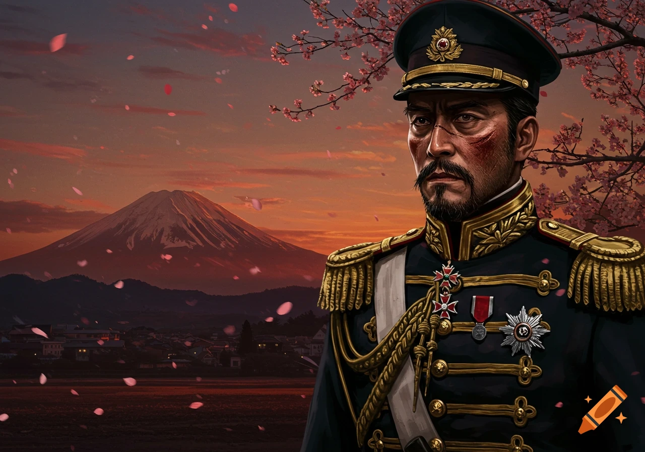 A Japanese military officer with facial scars, wearing a decorated uniform and cap, stands before Mount Fuji and cherry blossoms at sunset.