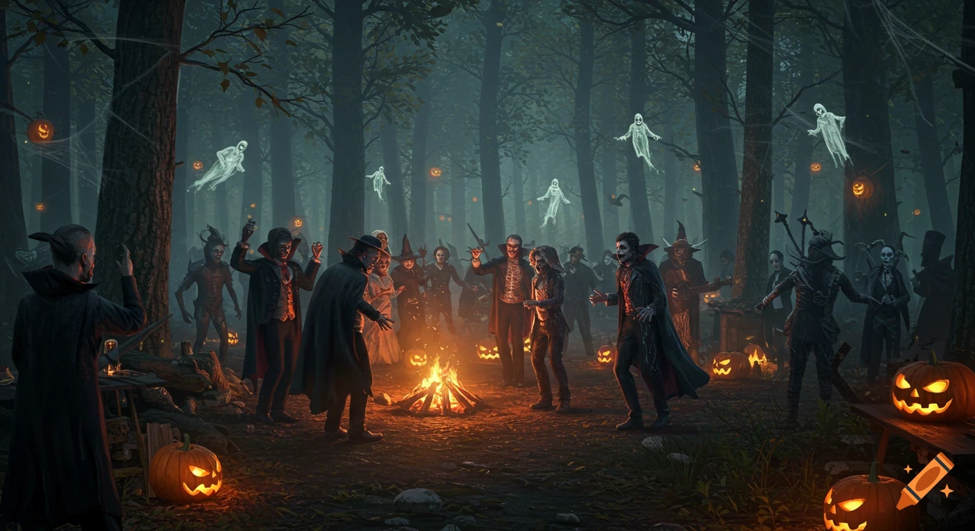 A photorealistic Halloween party in a dark forest at night, with people in various scary costumes gathered around a bonfire, illuminated by glowing pumpkins and lanterns. Ghosts float among the trees.