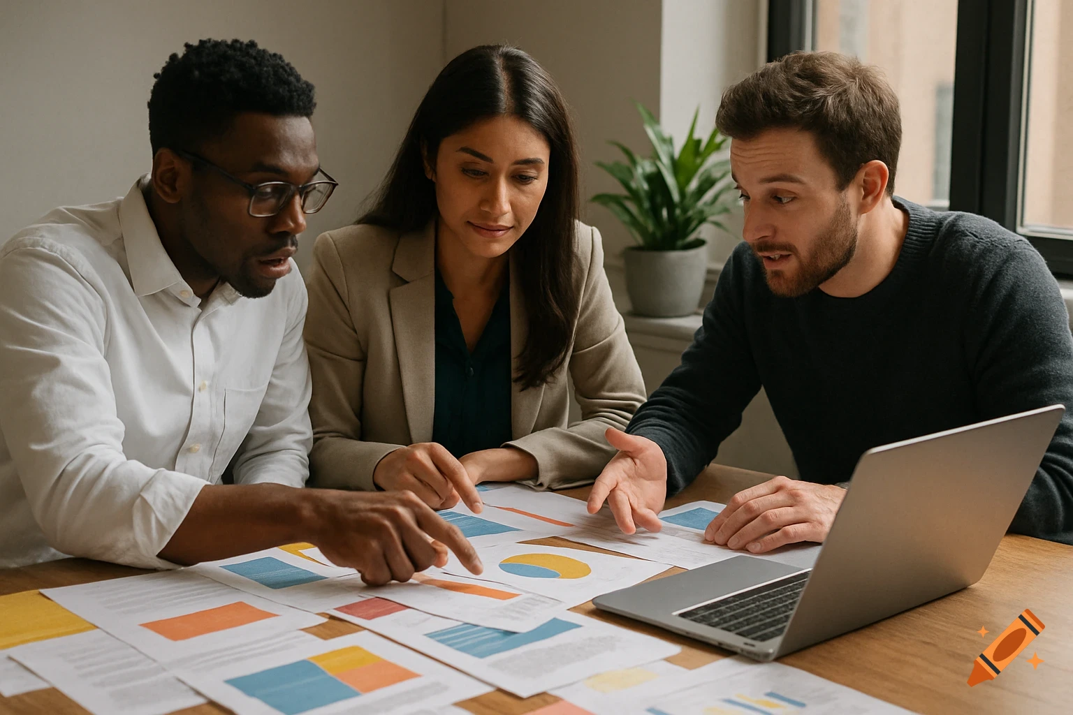 Three diverse professionals collaborate, looking at charts on papers and a laptop on a wooden table.