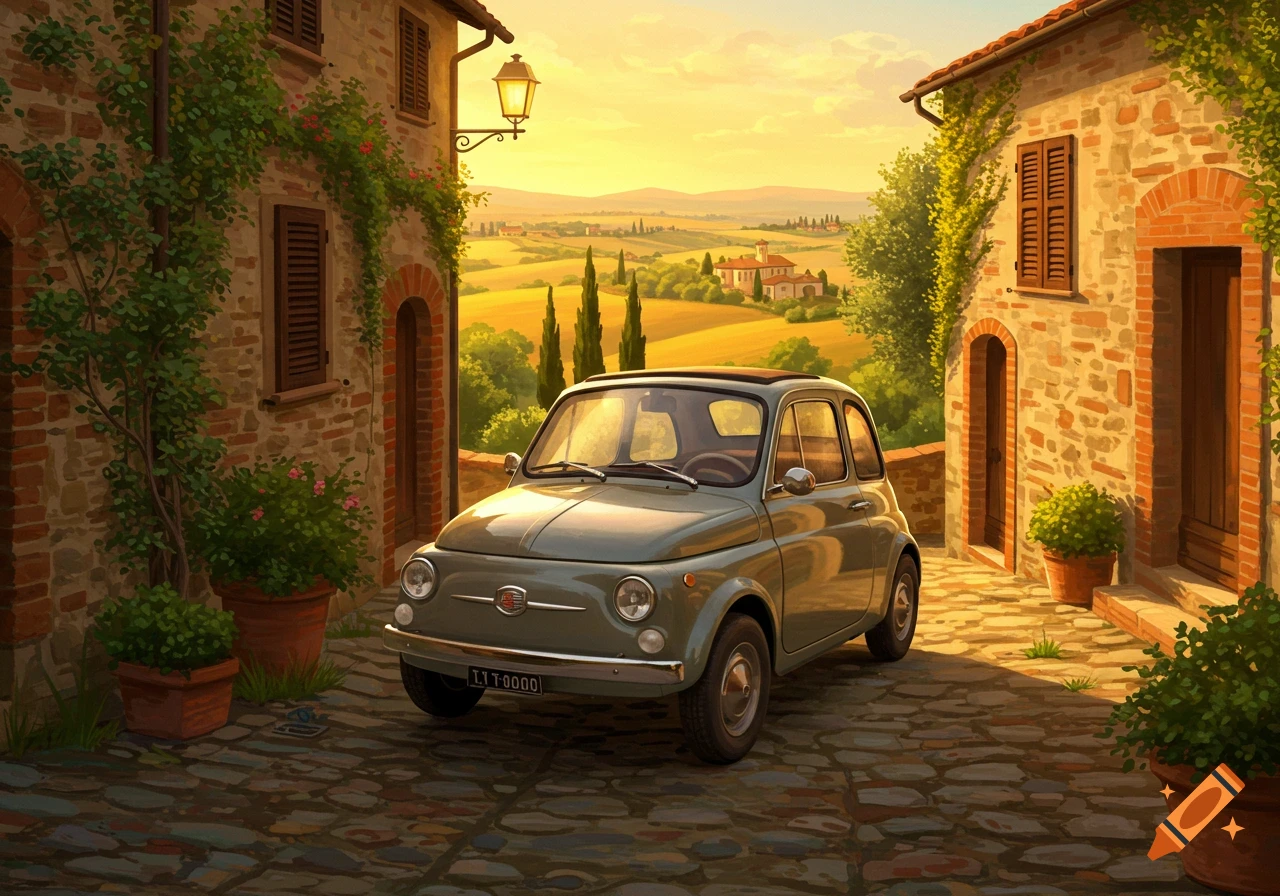 A vintage gray Fiat 500 sits on a cobblestone street in a sunlit Italian village with rolling hills, in a painterly style.