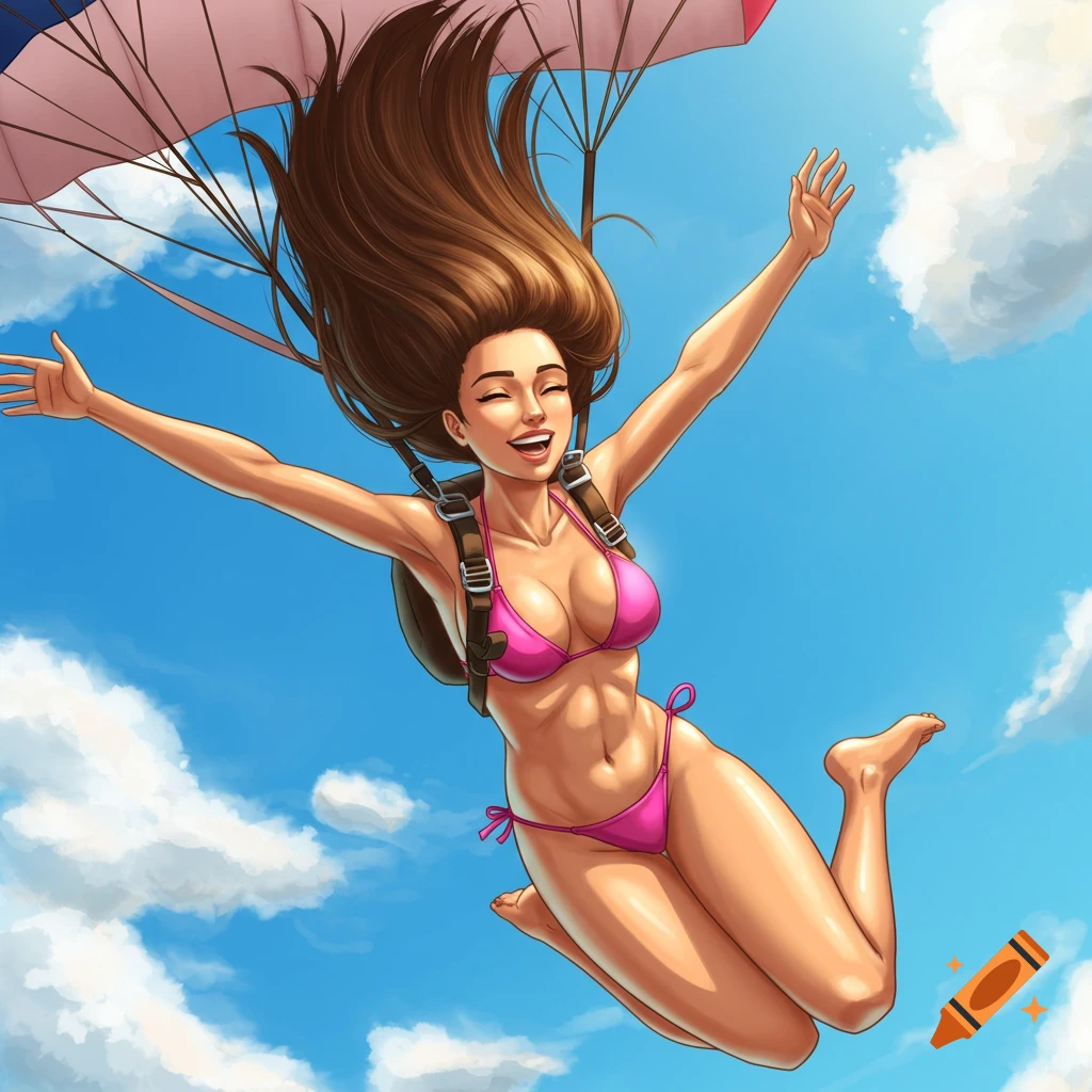 An athletic woman in a pink bikini skydives, her long brown hair flowing behind her, against a clear blue sky with white clouds in an illustrated style.