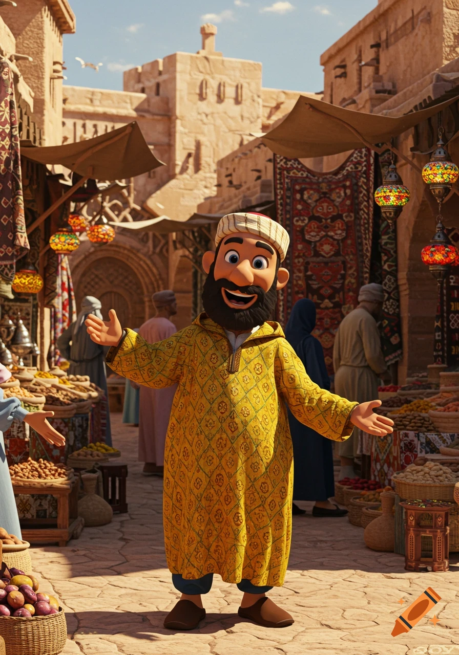 A cheerful cartoon man with a beard and a yellow tunic stands in a bustling Middle Eastern marketplace.