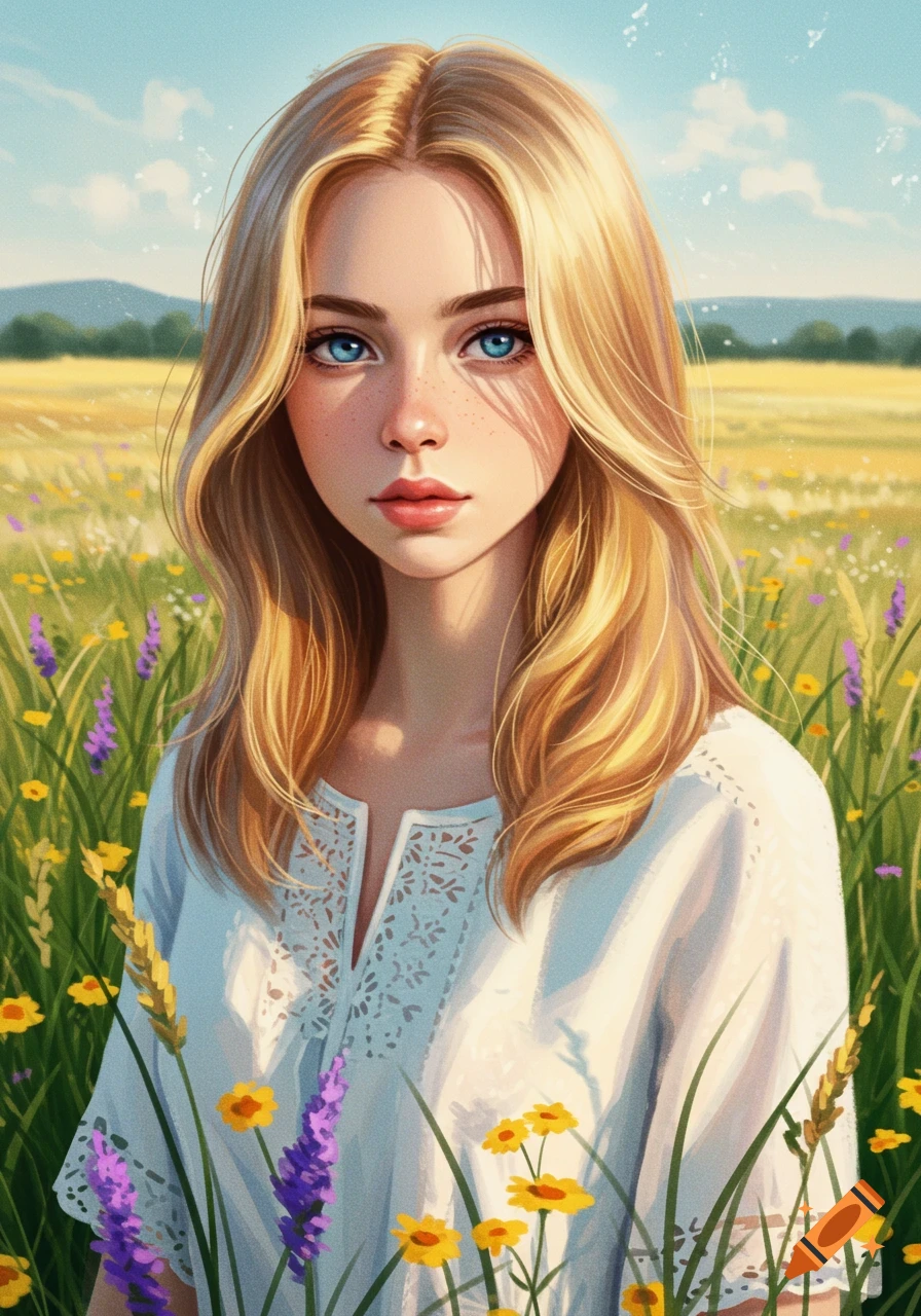 Digital painting of a young woman with bright blonde hair and blue eyes in a white top, standing in a field of colorful wildflowers.