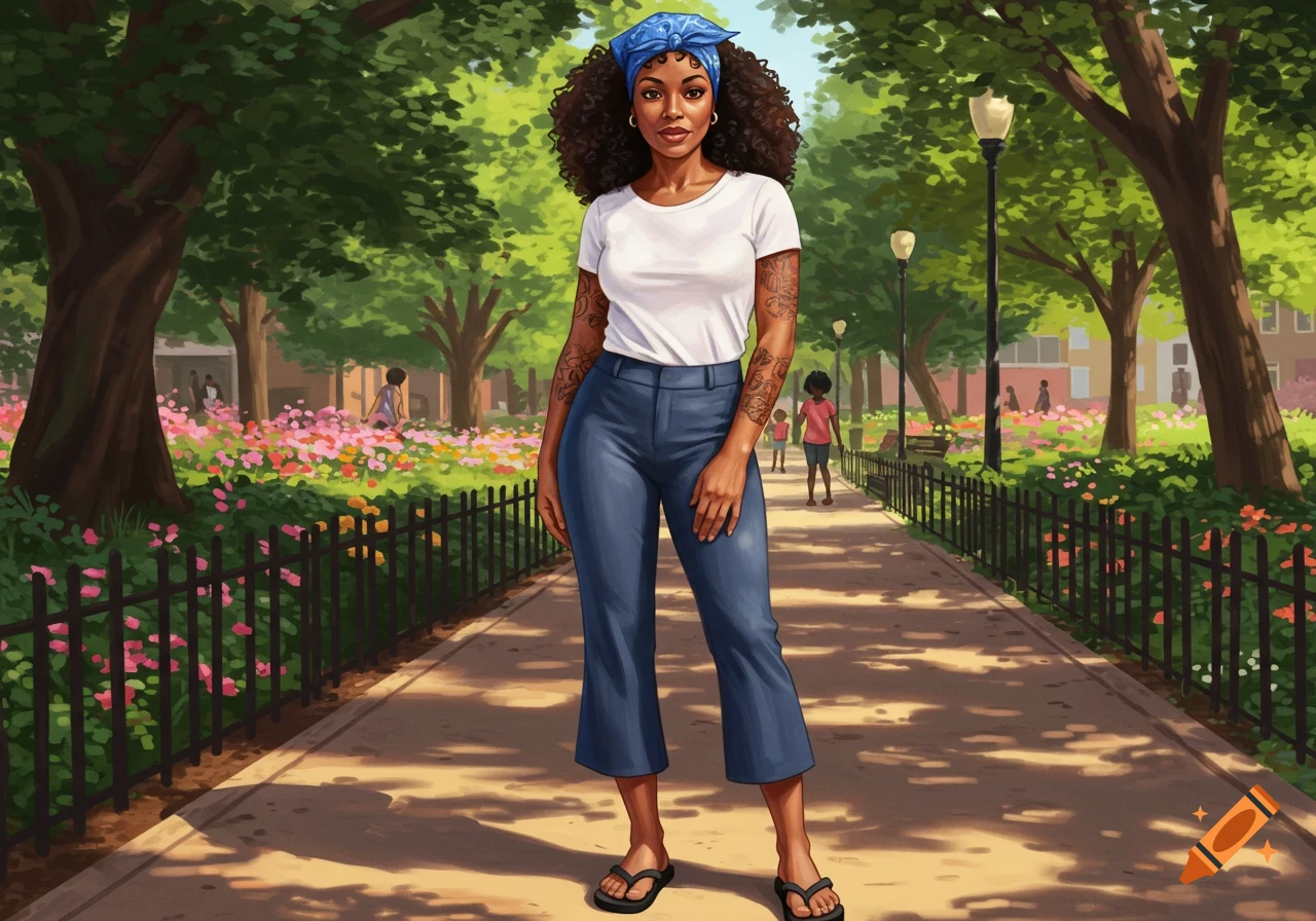 An illustrated portrait of an African American woman with a blue bandana, white tee, tattoos, and cropped pants standing in a sunny park.