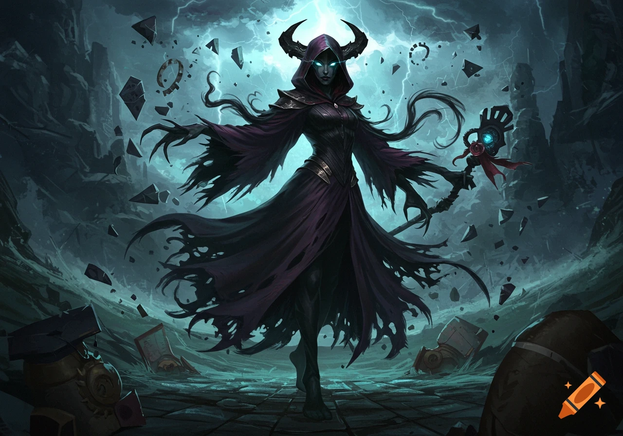 A dark sorceress with horns and glowing eyes in a hooded robe, holding a staff, stands amidst a stormy, ruined landscape with floating debris.