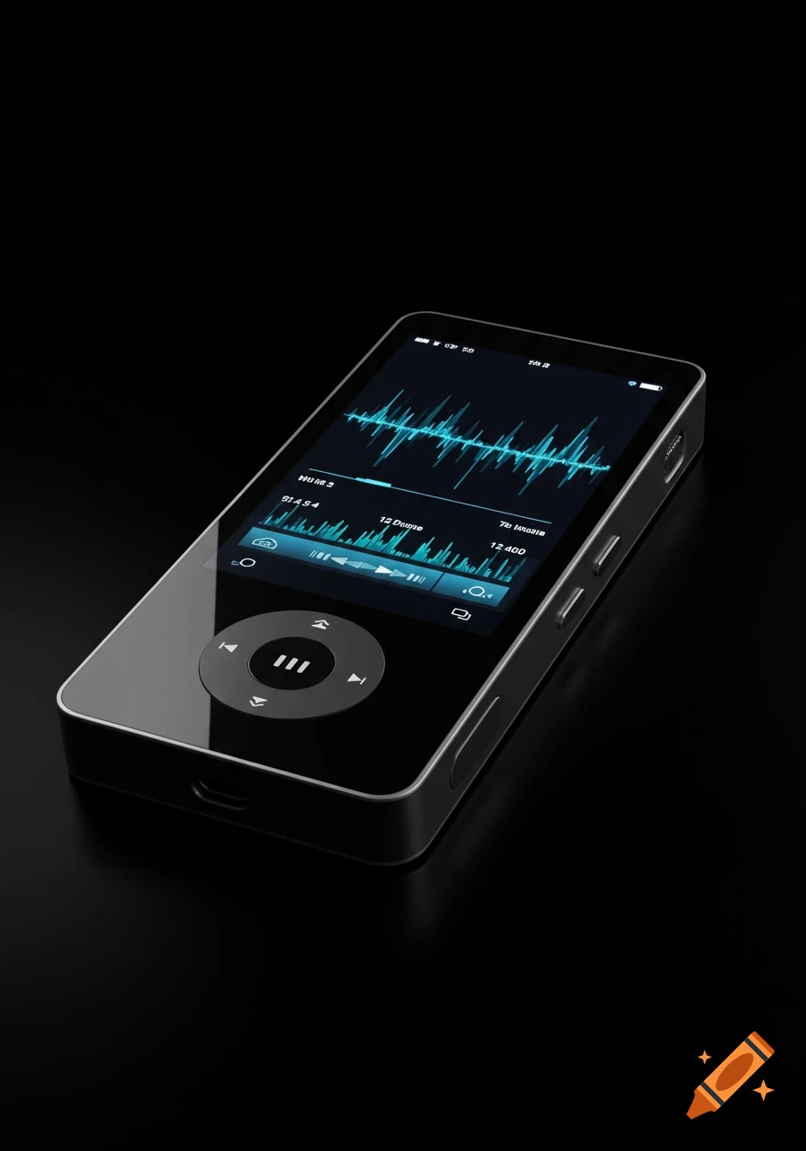 A sleek black MP3 player with a teal waveform display and control buttons, set against a dark background.