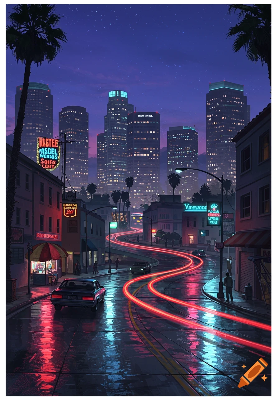 A vibrant digital painting of a Los Angeles-like city street at night, with glowing red light trails on a wet road, neon signs, and tall buildings under a starry purple sky.