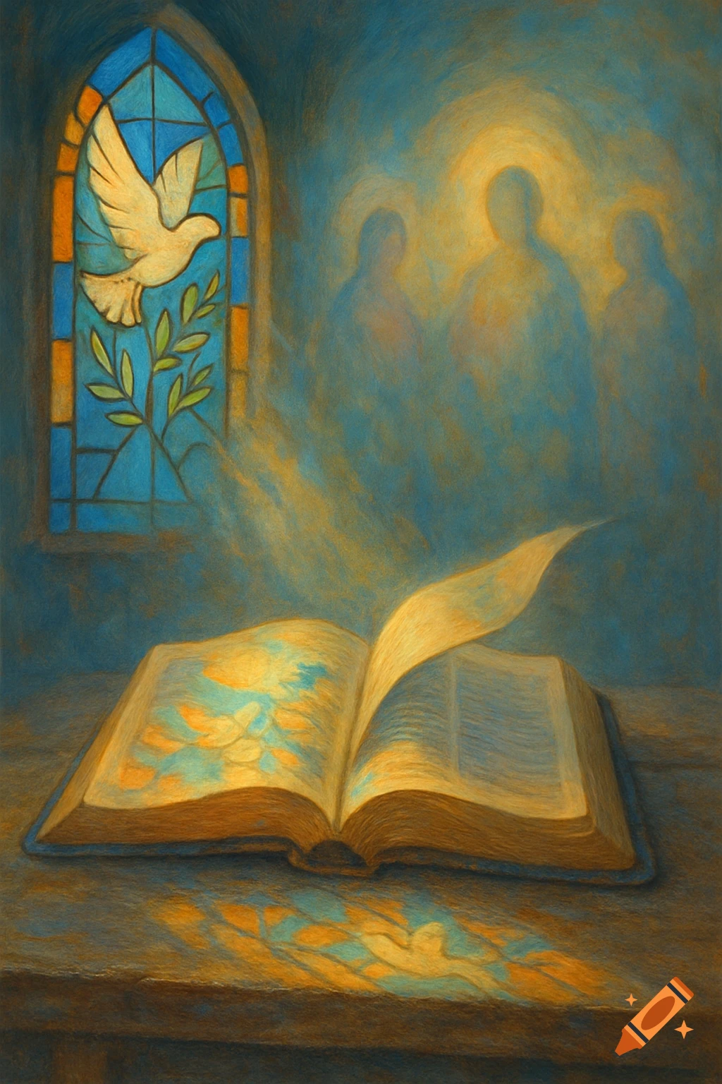 An open bible on a table with light from a stained glass window showing a dove and olive branch, and ethereal figures in a painterly style.