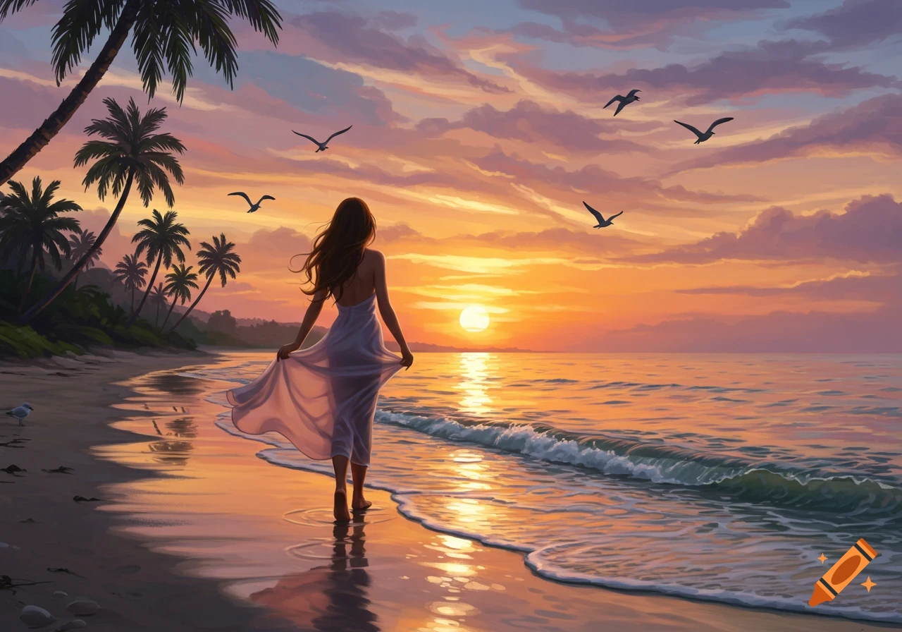 Digital art of a woman in a white dress walking on a tropical beach at sunset, with palm trees and birds against an orange sky.