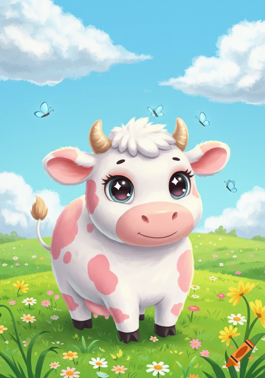 A cute white cartoon cow with pink spots and large sparkly eyes stands in a green field with flowers under a blue sky with butterflies.