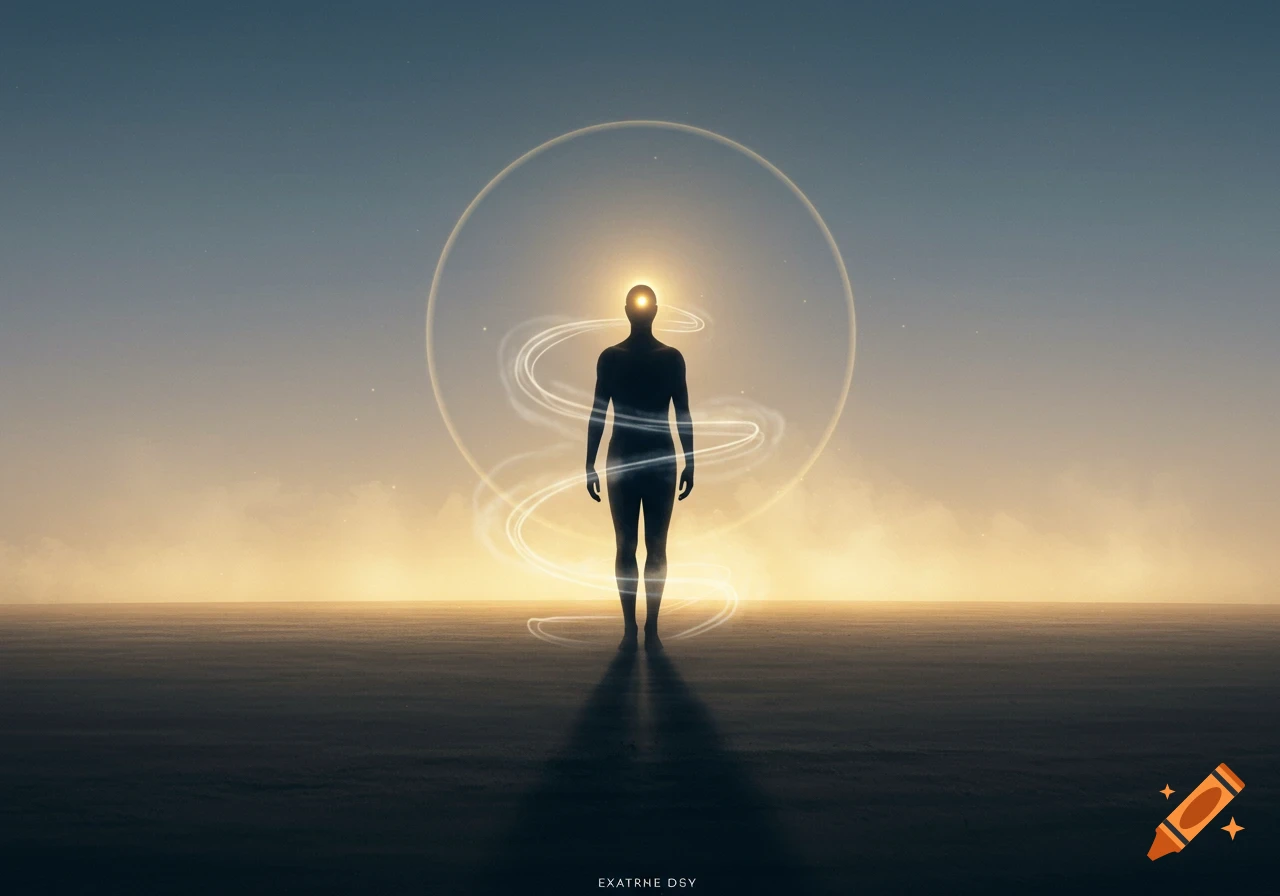 A silhouette of a person with a glowing head and swirling light stands on a vast, dark plain under a sunset sky.