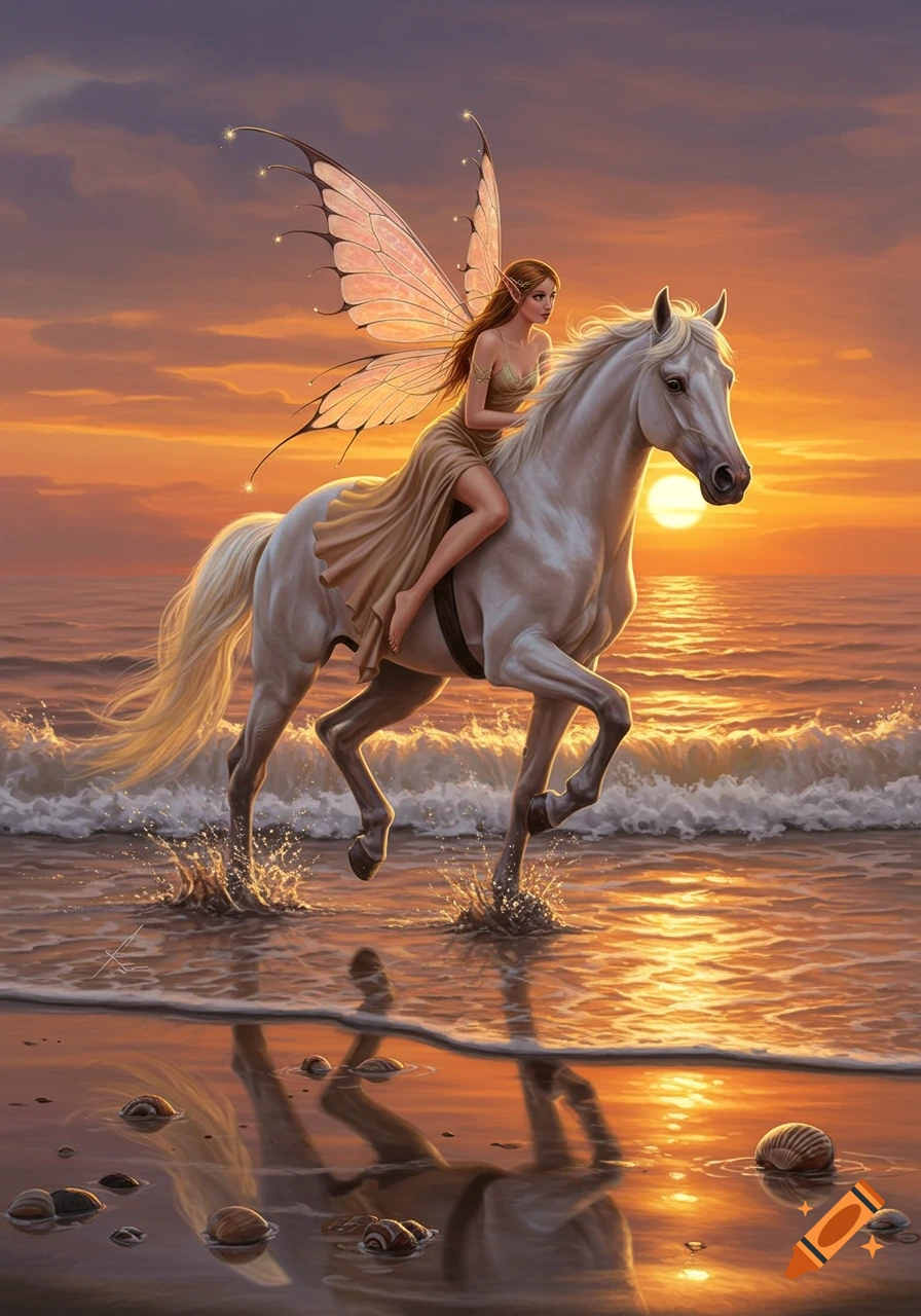 A fantasy painting of a winged fairy riding a white horse galloping along a reflective beach at sunset.