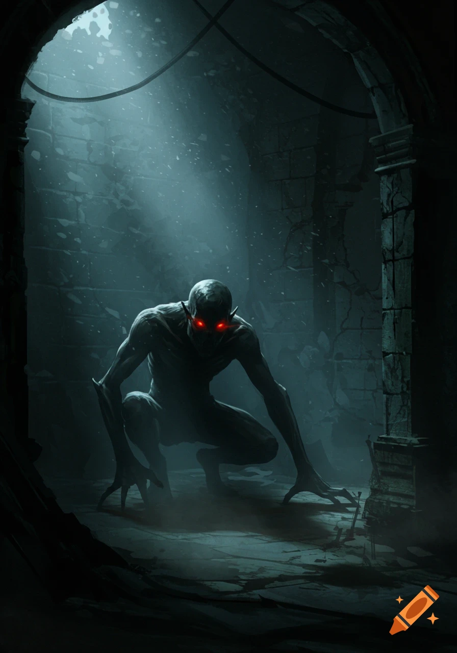 A gaunt, pale creature with glowing red eyes crouches in a dark, dusty stone dungeon, illuminated by a shaft of light from above.