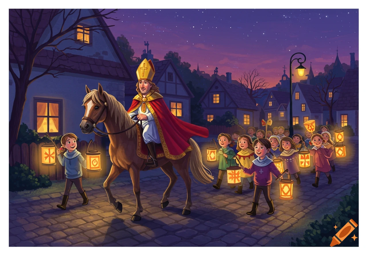 A cartoon illustration of Saint Martin on a horse leading a procession of children with glowing lanterns through a village at dusk.