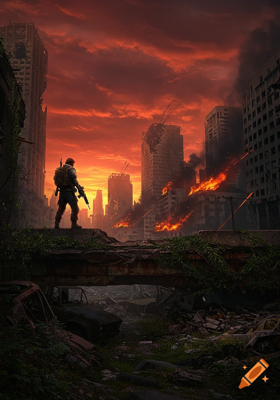 A lone soldier overlooks a burning, ruined city under a fiery red sky, standing on a destroyed overpass covered in green vines.