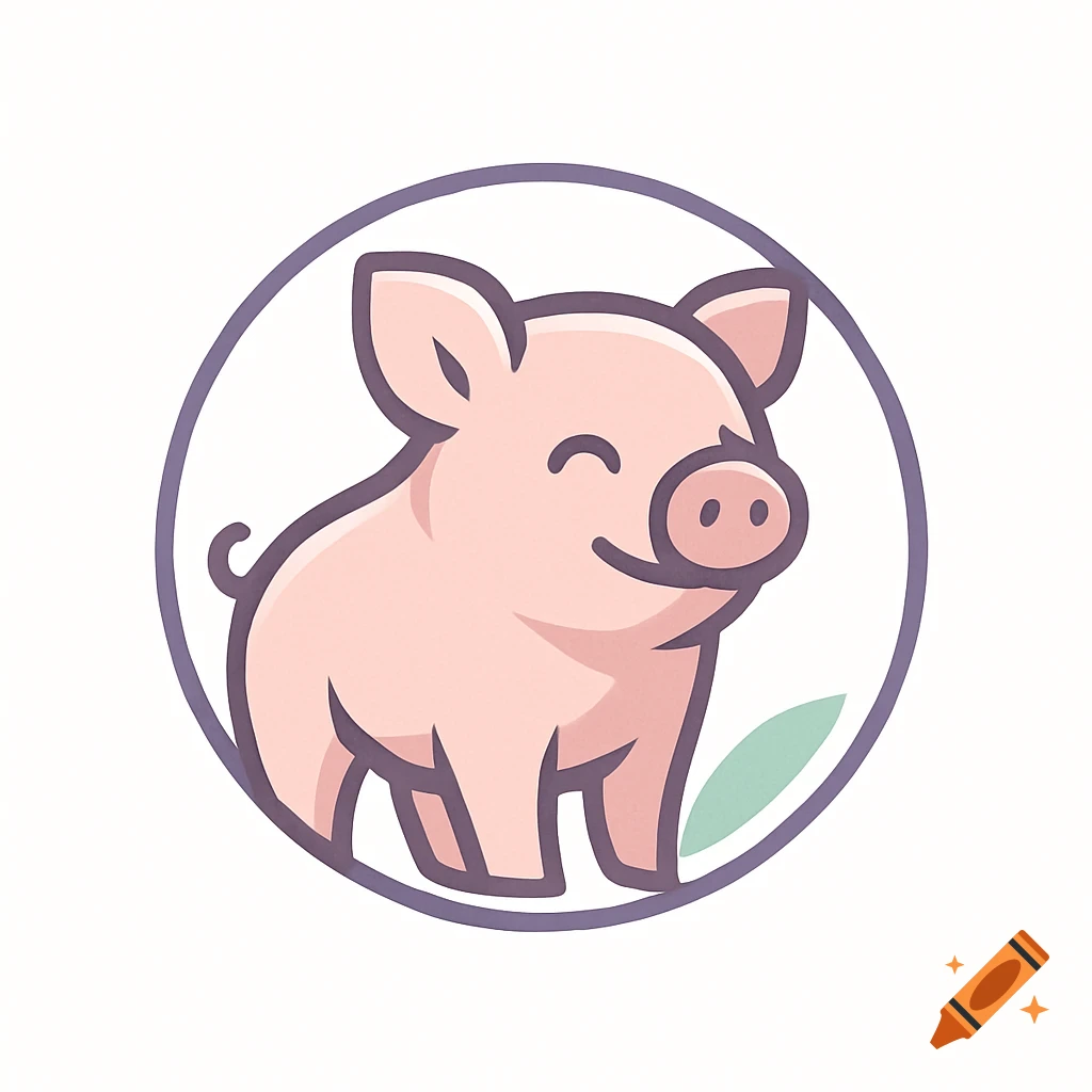 Cartoon logo of a smiling pink pig inside a purple circle with a green leaf accent.