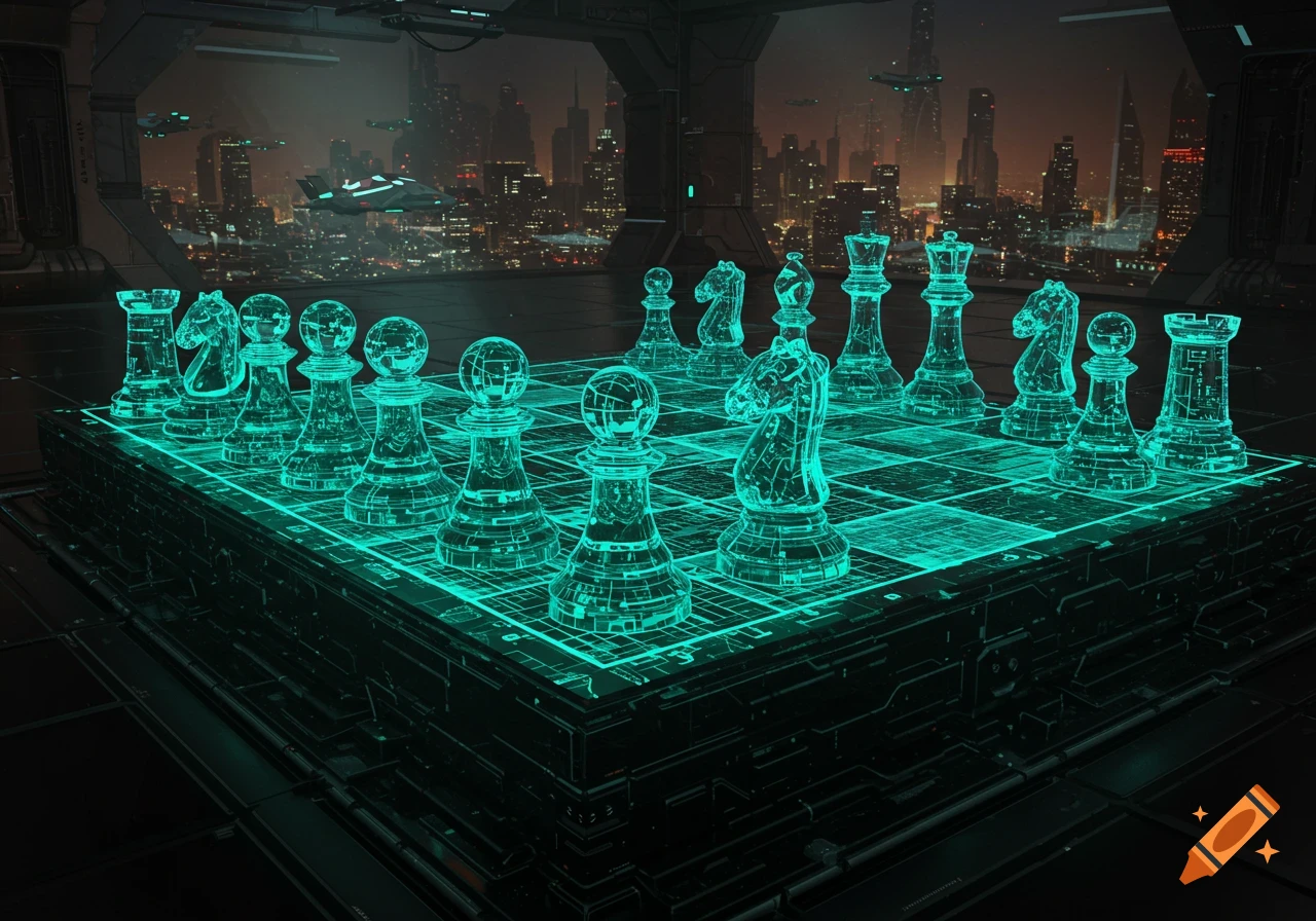 A glowing, transparent futuristic chess set on a high-tech board with a cyberpunk city and flying vehicles in the background.