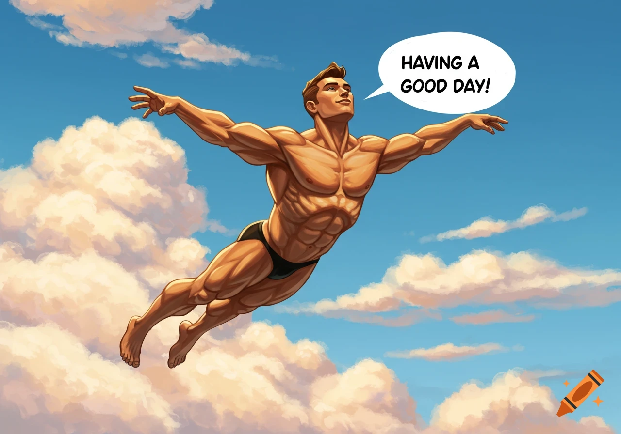 Illustrated muscular man in a speedo flying through a sunny sky, arms wide, with a speech bubble saying 'HAVING A GOOD DAY!'.