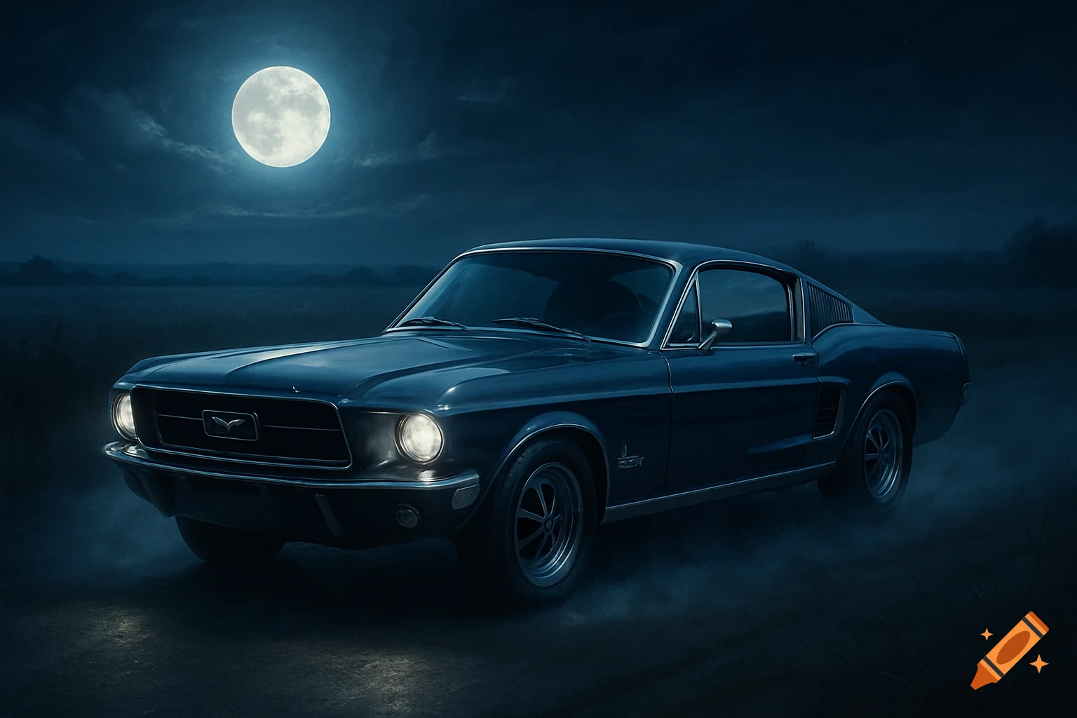 A dark blue 1960s Ford Mustang, headlights on, drives on a dusty road under a bright full moon at night in a field.