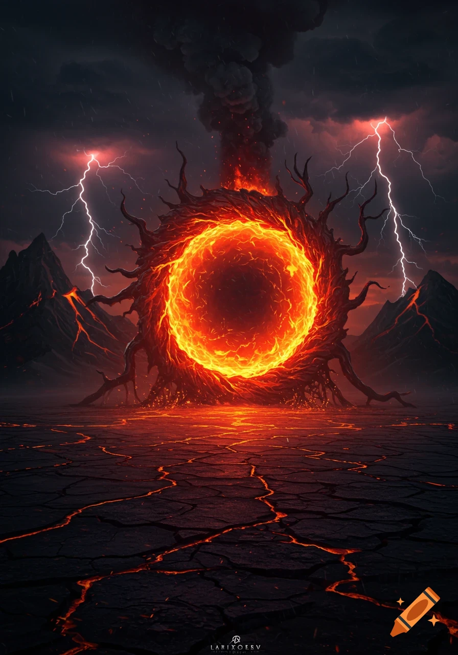 A dark, ominous landscape with a fiery, swirling orange portal at the center, surrounded by jagged, glowing rocks and lightning under a stormy sky.