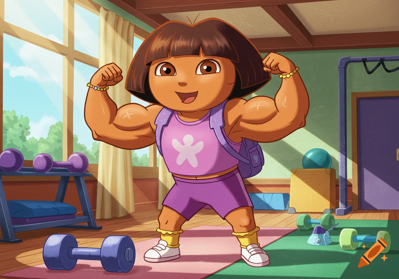 Cartoon Dora the Explorer, with exaggerated muscles, flexing her biceps in a gym with weights.