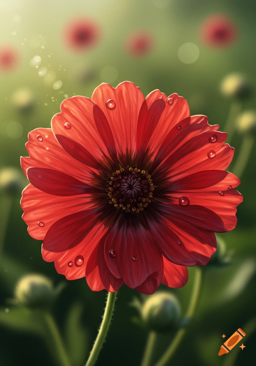A close-up, photorealistic image of a vibrant red flower covered in water droplets, with a soft green background.