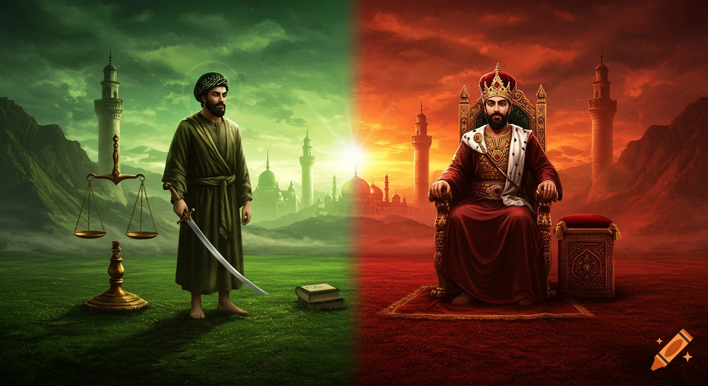 A split landscape with a man in green robes, holding a sword, beside scales of justice on a green, lush side, and a crowned king on a throne on a red, barren side.