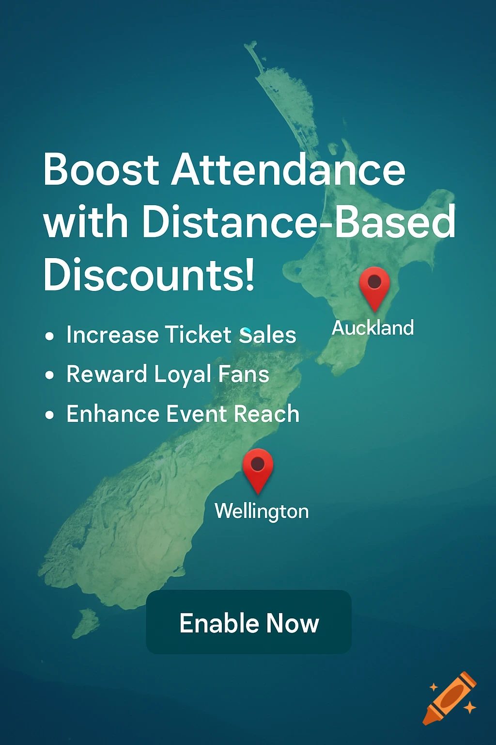 An ad with a map of New Zealand, pins for Auckland and Wellington, promoting distance-based discounts for event attendance.