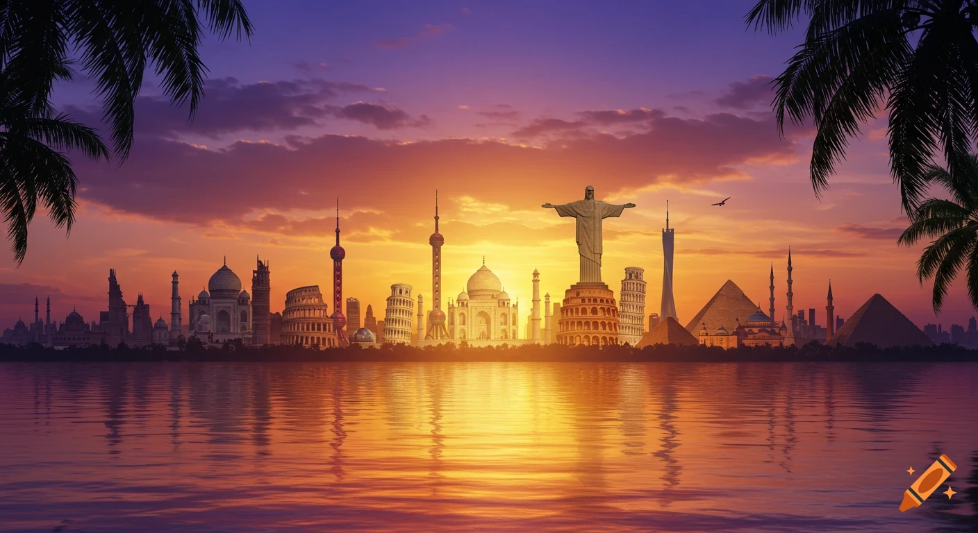 A vibrant sunset over water with a surreal cityscape skyline featuring famous world landmarks and silhouetted palm trees.