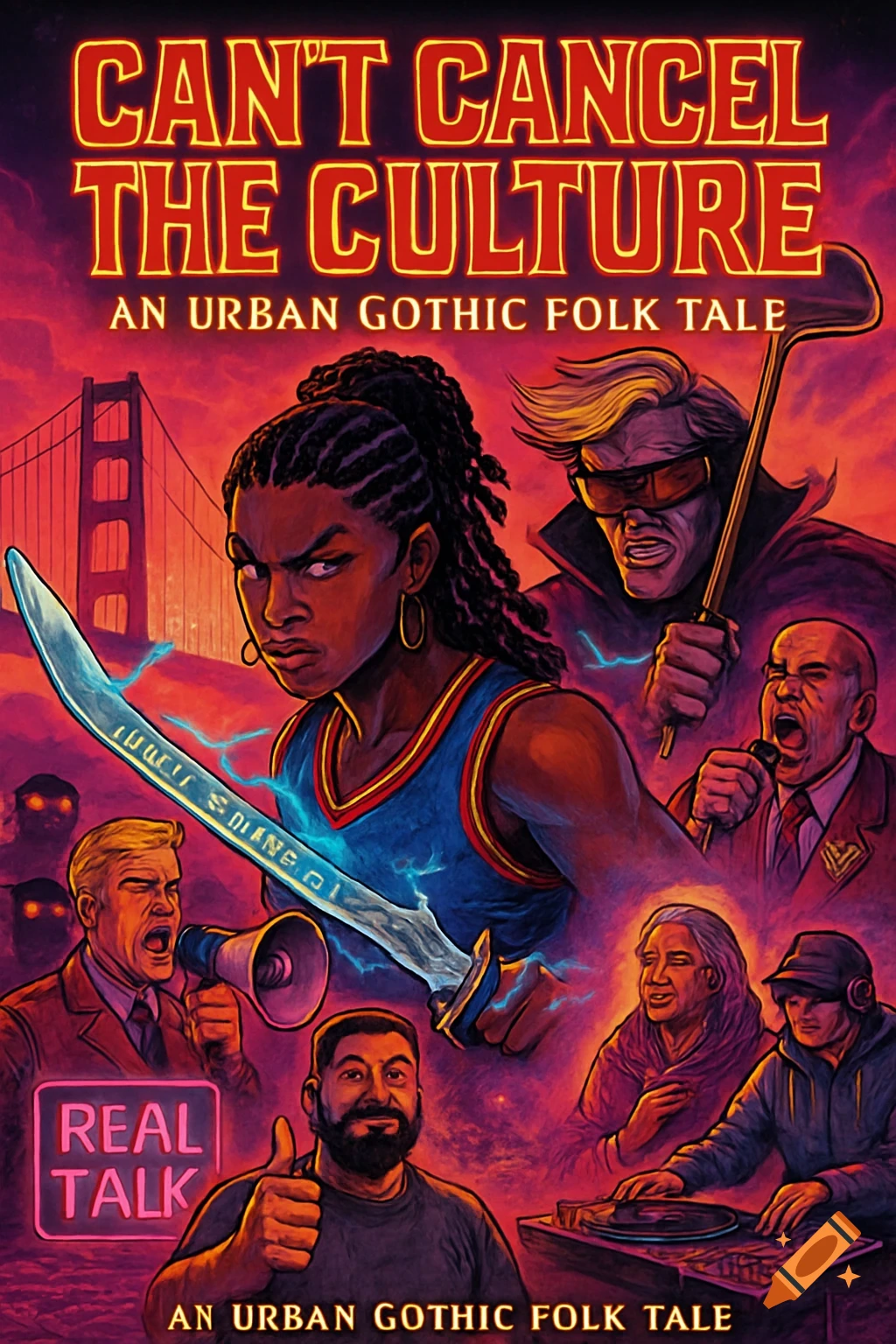 A stylized movie poster for 'Can't Cancel The Culture' depicting a diverse group of urban characters, including a woman with a glowing sword and a DJ, set against a fiery cityscape with the Golden Gate Bridge.