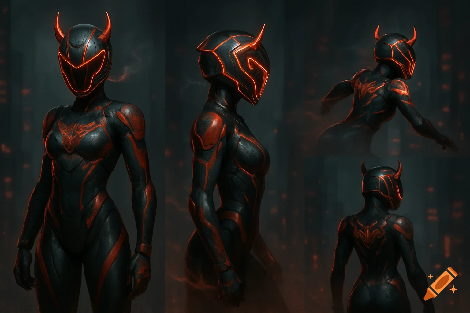 A character design sheet of a female cyberpunk biker with devil horns, wearing a black and red suit with glowing lines.