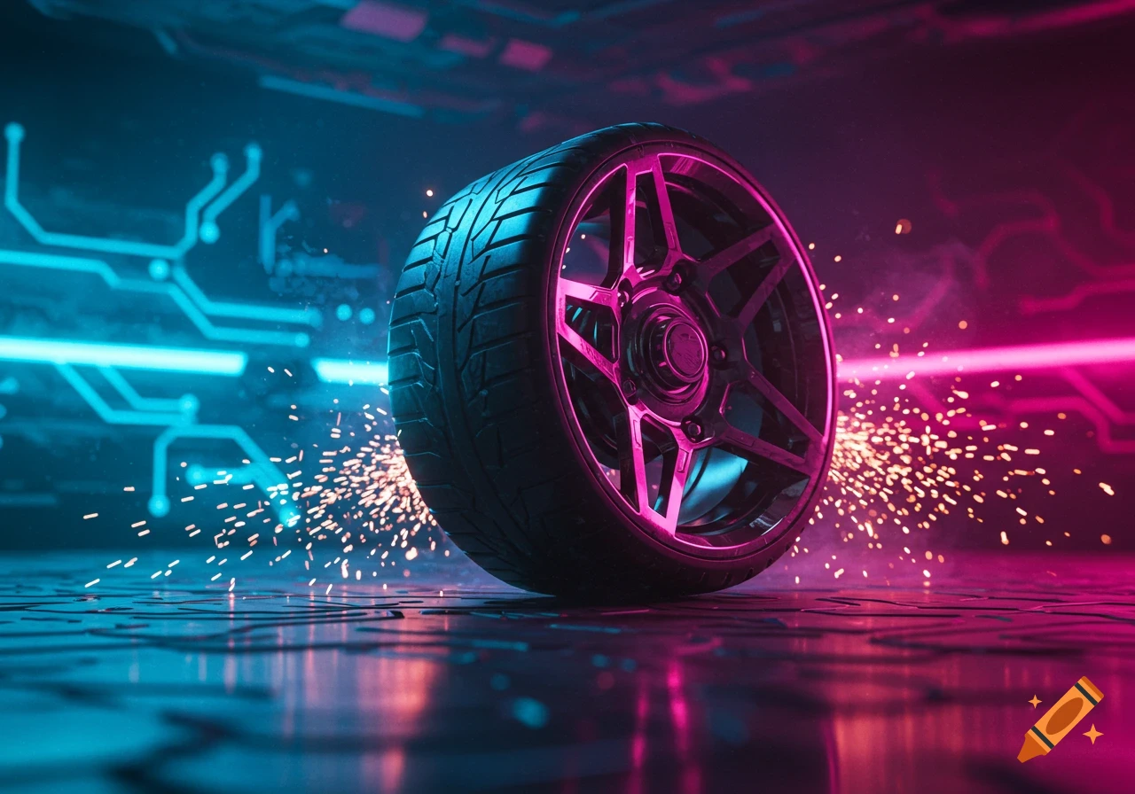 A futuristic robot wheel with pink spokes generates sparks on a reflective floor in a neon blue and pink circuit board environment.
