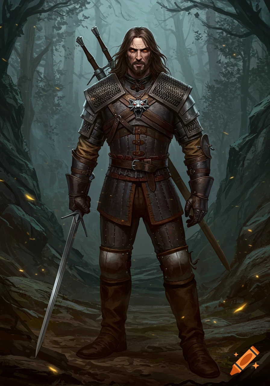 A full-height fantasy warrior with long brown hair, glowing orange eyes, and armor, holding a sword in a misty forest.