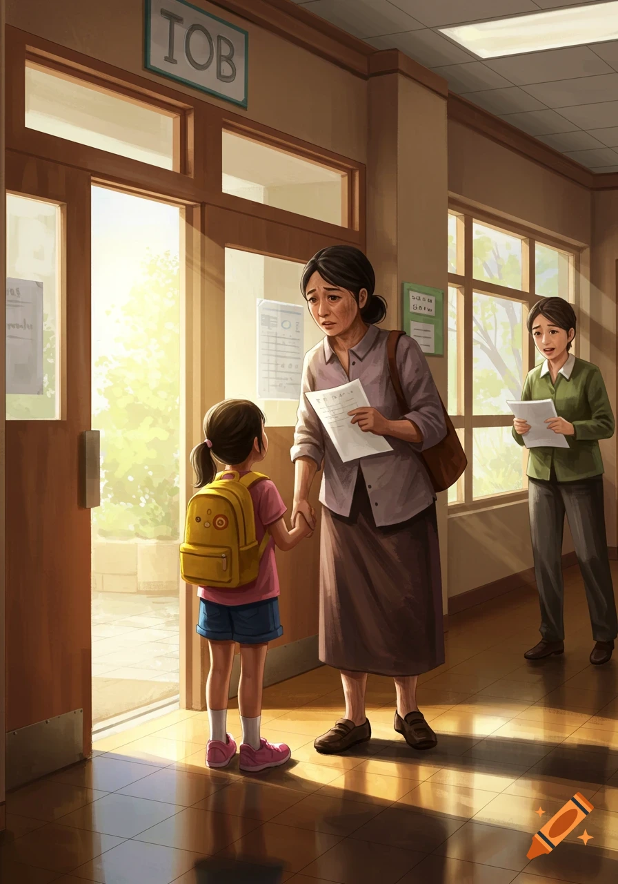 A mother and her young daughter holding hands in a school hallway. The mother looks concerned, holding papers, and another adult stands behind her.