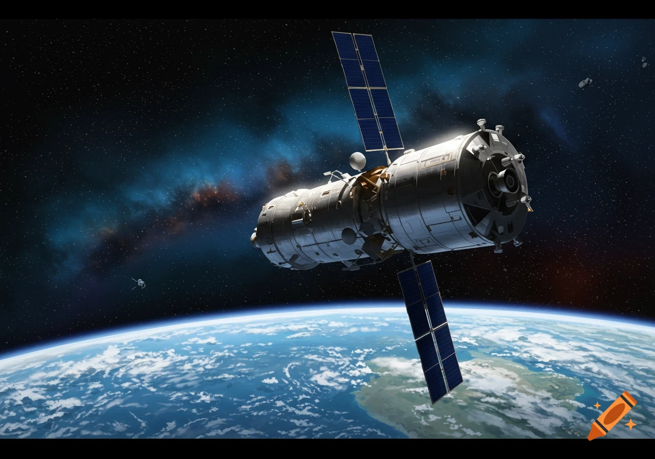 A detailed view of a large spacecraft with solar panels orbiting a vibrant blue and white Earth in space.