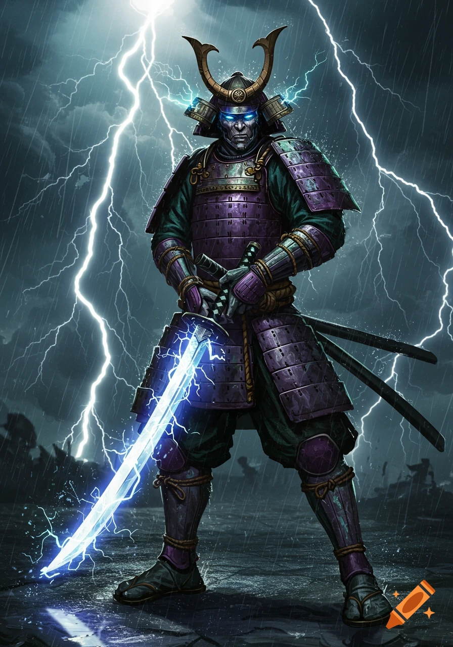 A powerful samurai warrior in purple and green armor holding a glowing blue lightning sword, standing amidst a lightning storm.