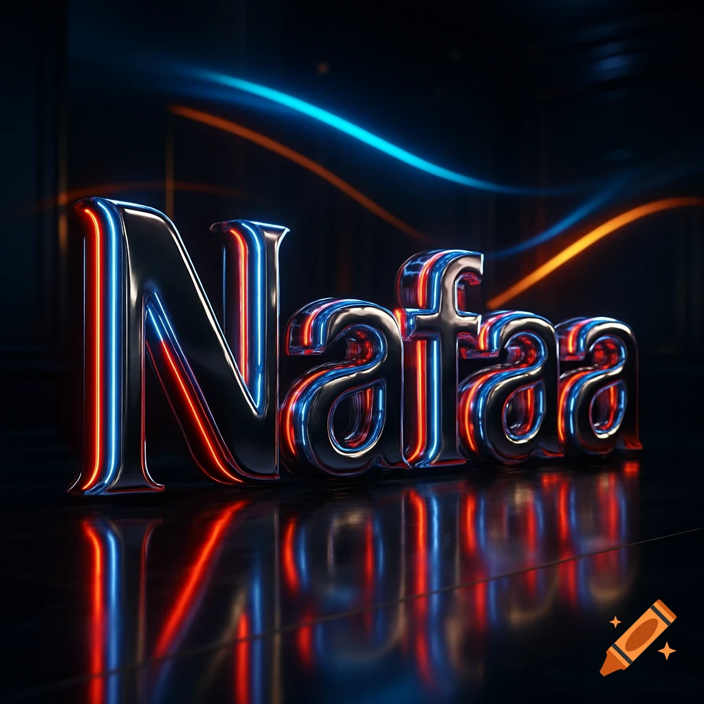 3D metallic text 'Nafaa' with blue and red neon lights, glossy chrome finish, on a dark showroom background with light streaks.