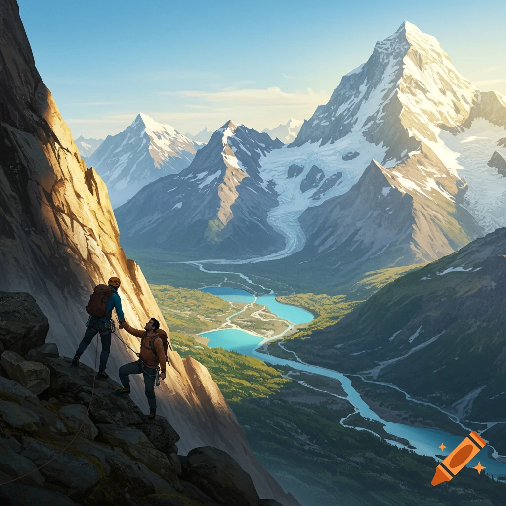 Two men climb a steep mountain with ropes, overlooking a vast valley, river, and snow-capped peaks with a glacier.