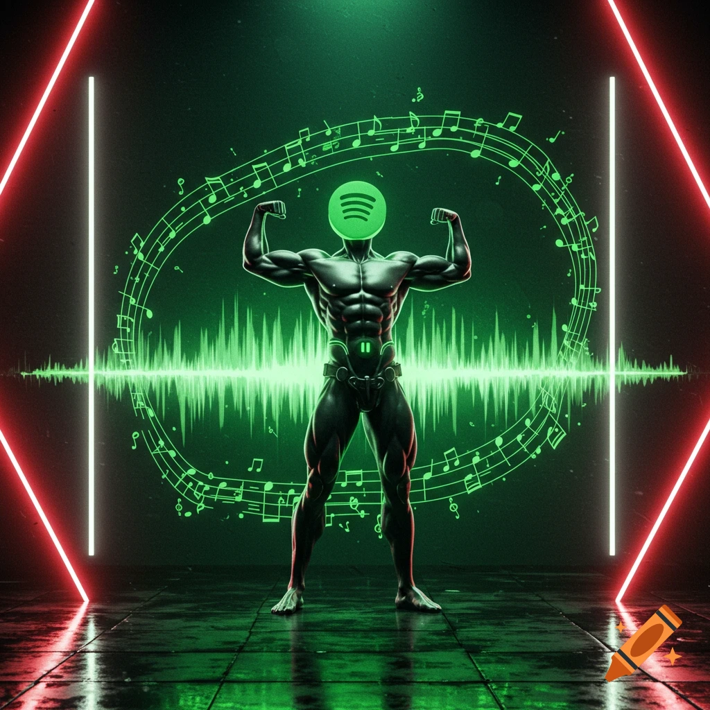 A muscular figure with a green Spotify logo for a head flexes in a dark room with neon green musical notes, an equalizer waveform, and red and white vertical lights.