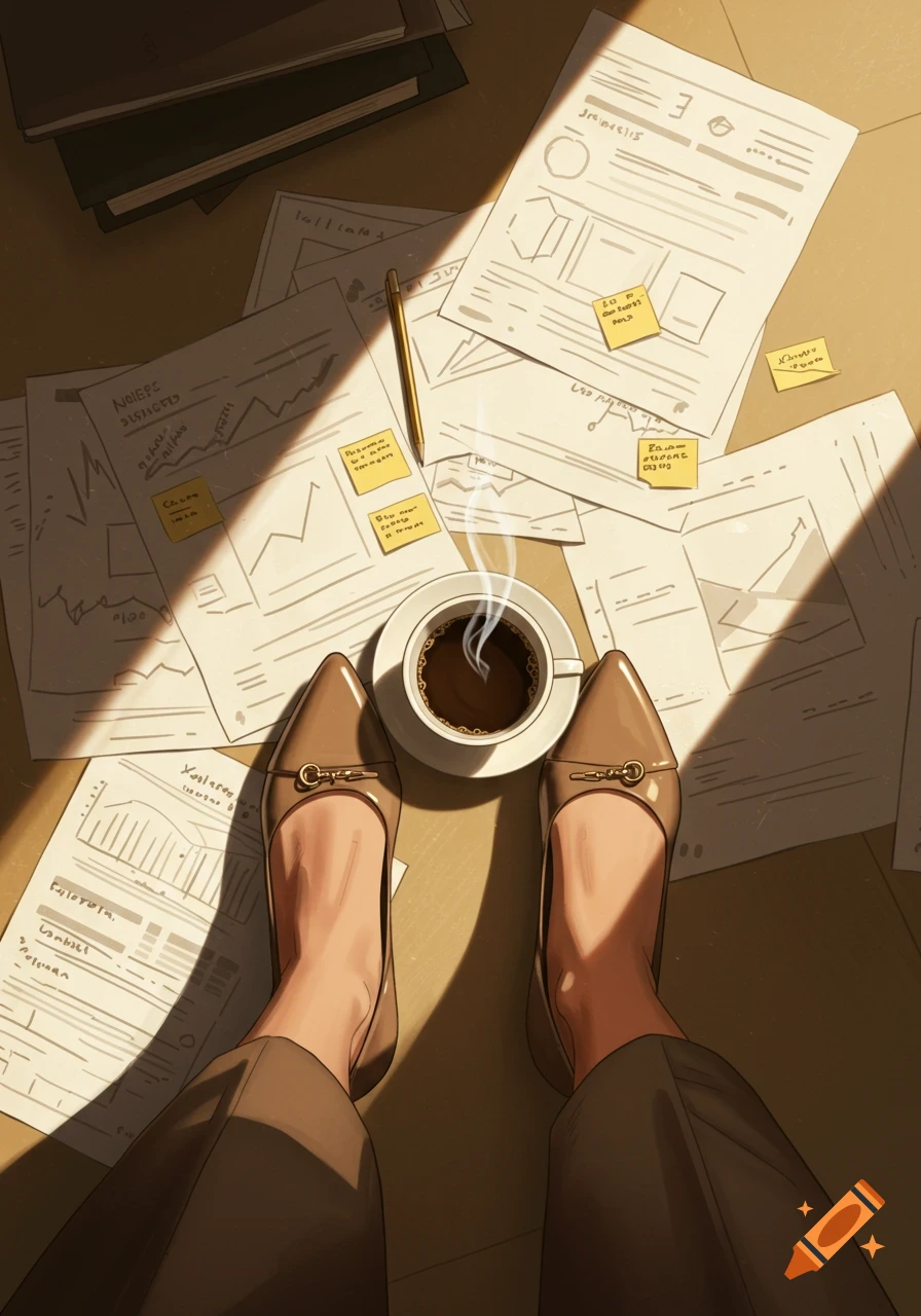 Overhead view of a person's legs in brown heels, surrounded by scattered business papers, sticky notes, a pen, and a steaming cup of coffee on the floor.