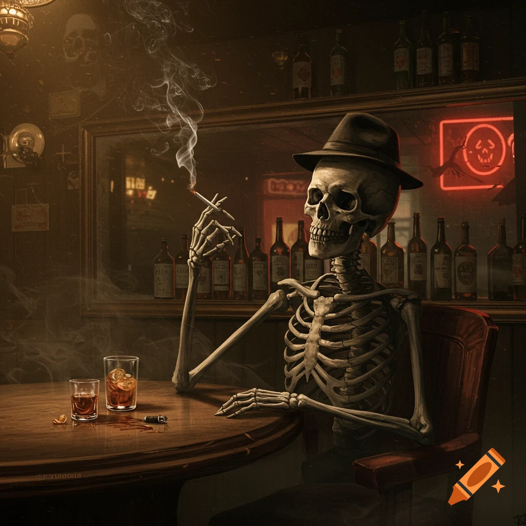 A dapper skeleton in a fedora sits at a dark bar table, smoking a cigarette with drinks nearby, in a photorealistic style.