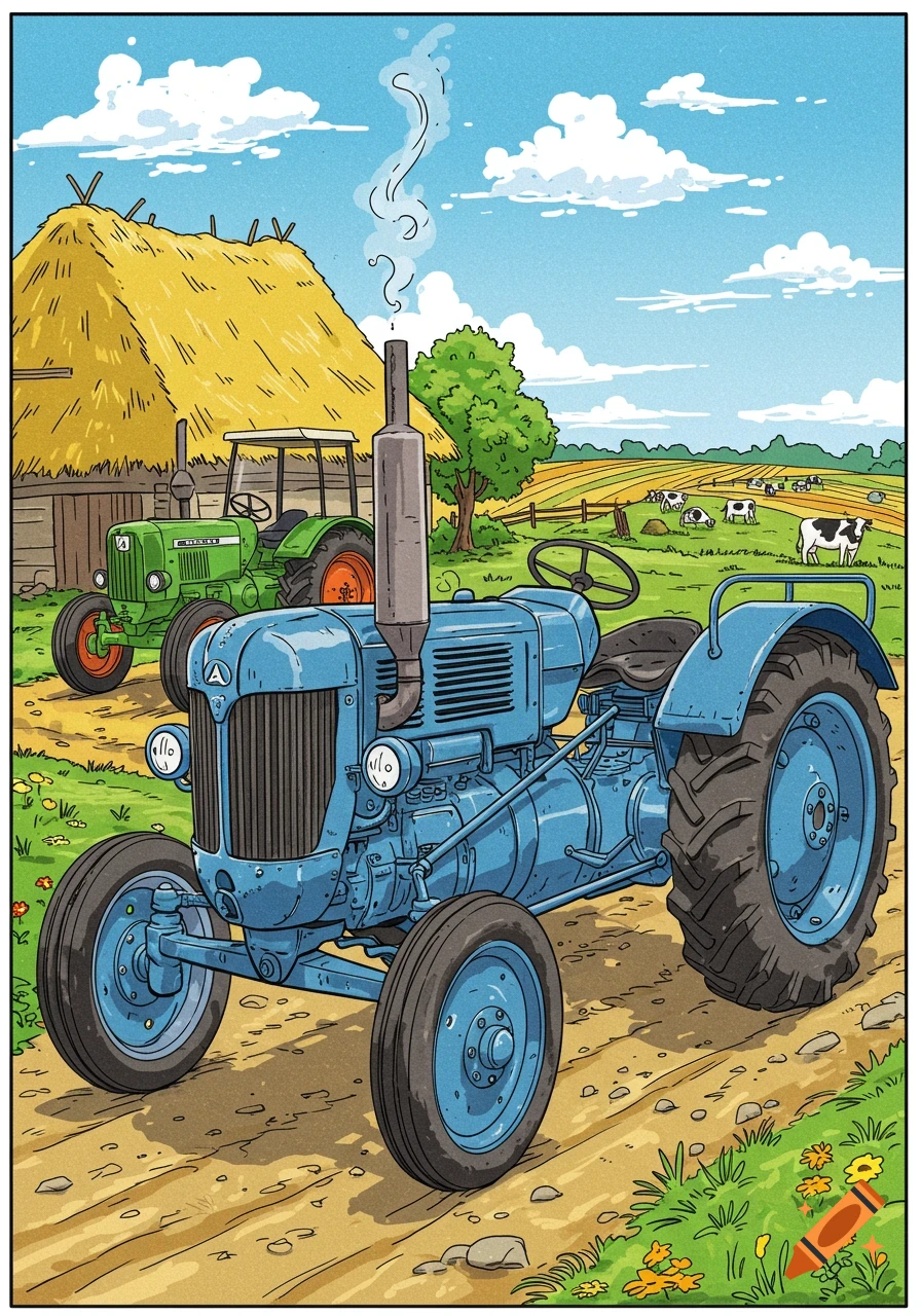 A blue Lanz Bulldog tractor in the foreground on a dirt path, with a green Deutz FL514/50 tractor and a hay bale in the background, all in comic style.